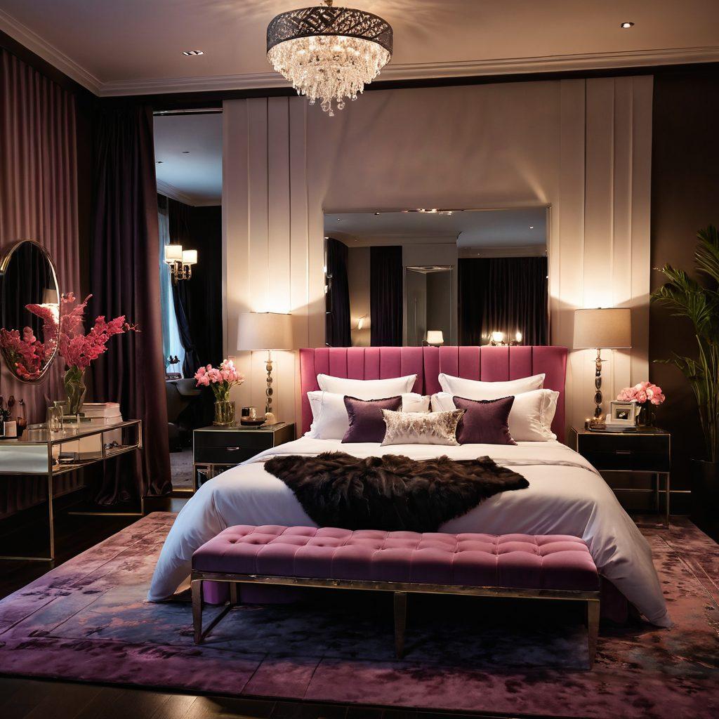 A sultry and elegant setting featuring a beautifully arranged lingerie display, incorporating playful patterns and provocative designs. Include soft lighting that evokes intimacy, with a mirror reflecting the delicate fabrics. Showcase a diverse range of models, confident and stylish, posing in a luxurious bedroom adorned with plush textures and rich colors. The atmosphere should convey a sense of personal discovery and empowerment in fashion. super-realistic. vibrant colors. soft lighting.