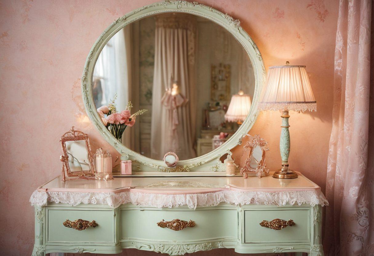 A luxurious bedroom setting showcasing a variety of exquisite lingerie pieces in soft pastel colors, elegantly arranged on a vintage vanity. Include delicate lace details, satin textures, and a mirror reflecting soft candlelight. A sense of empowerment emanates from the scene, inviting viewers to indulge in self-expression. super-realistic. vibrant colors. soft lighting.